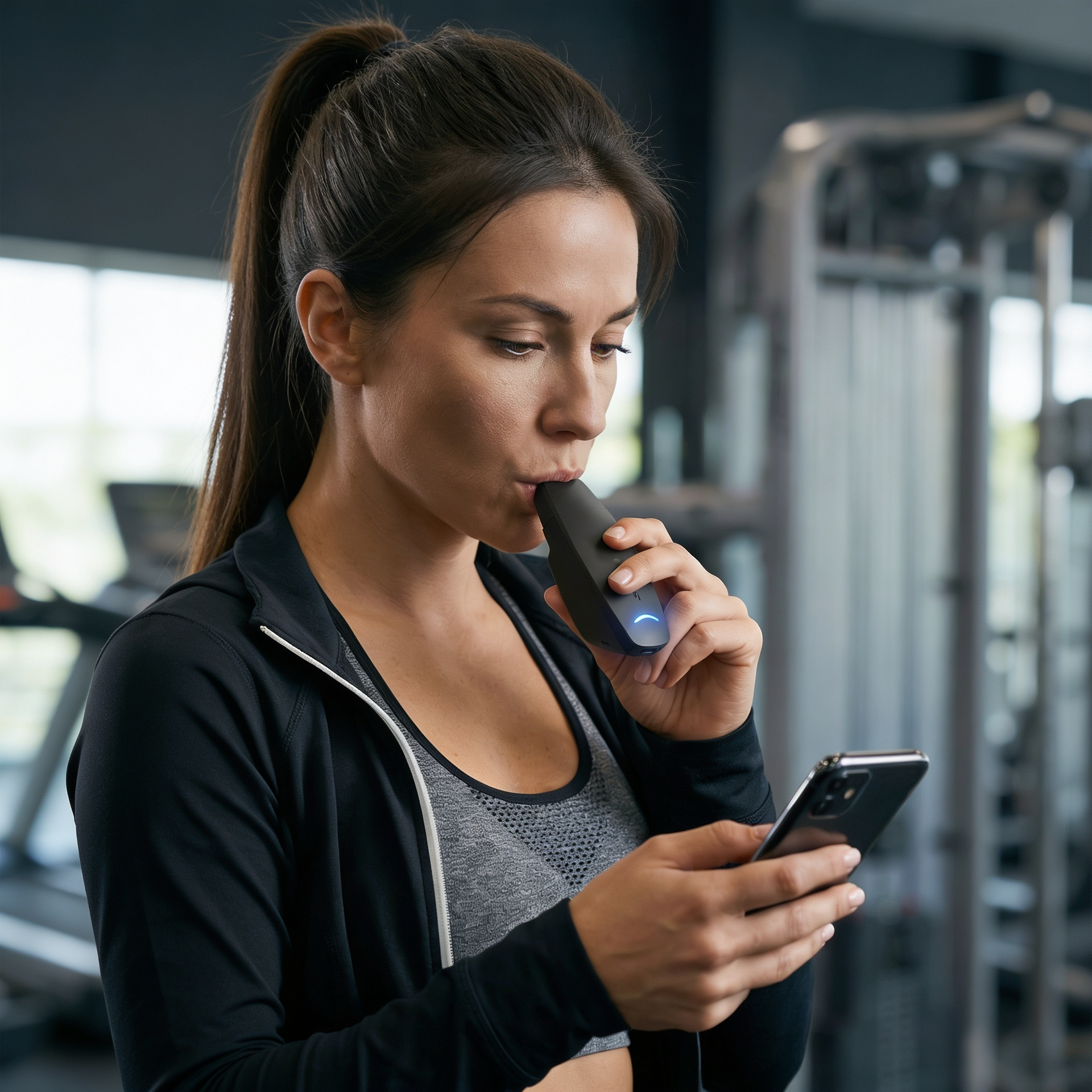 Taking a Respyr breath reading at the gym