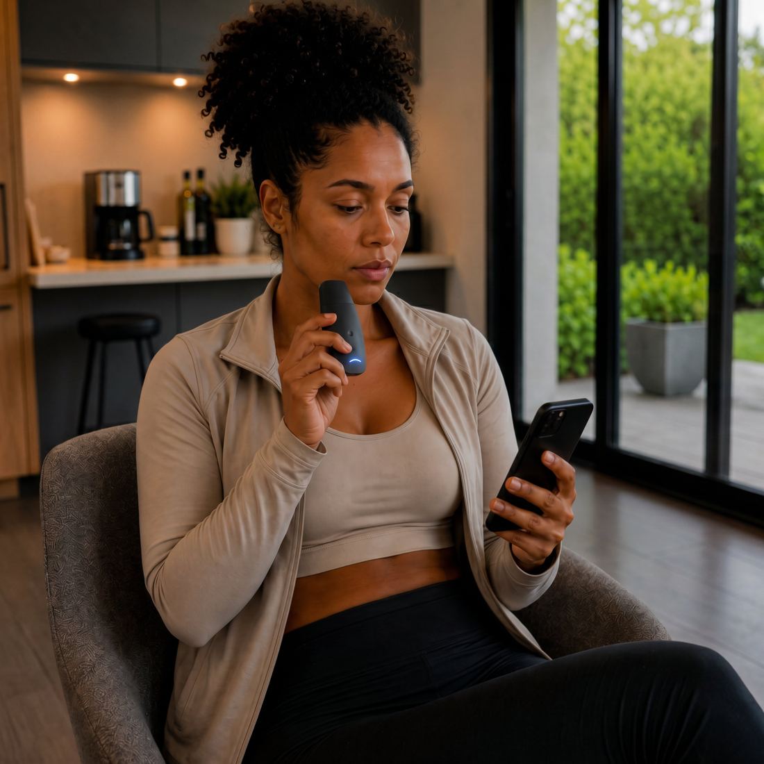 A woman taking a Respyr breath reading at home